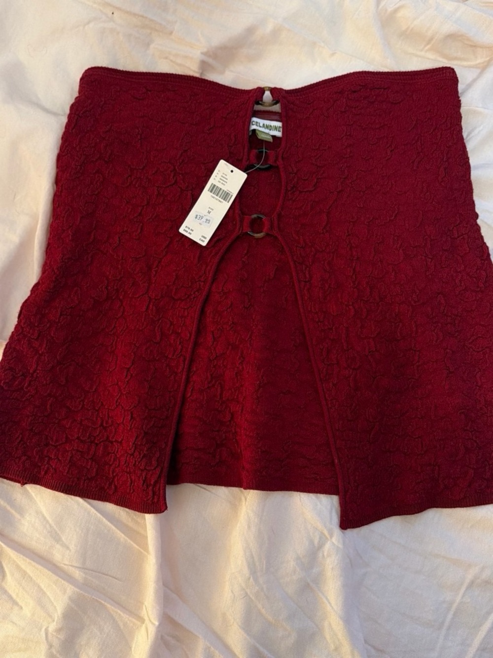 Anthropologie Rich Wine Lace-Texture Strapless Top with Tortoise Ring Detail